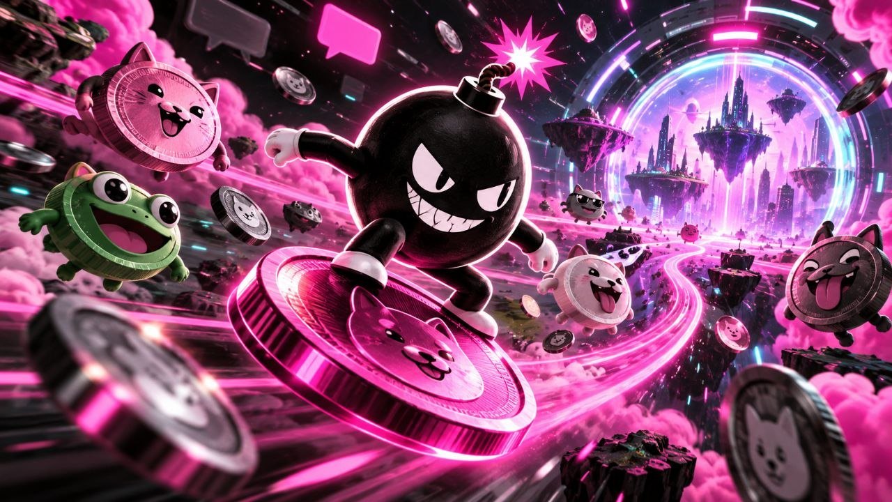 Boomie surfs a pink meme coin through a glowing portal
